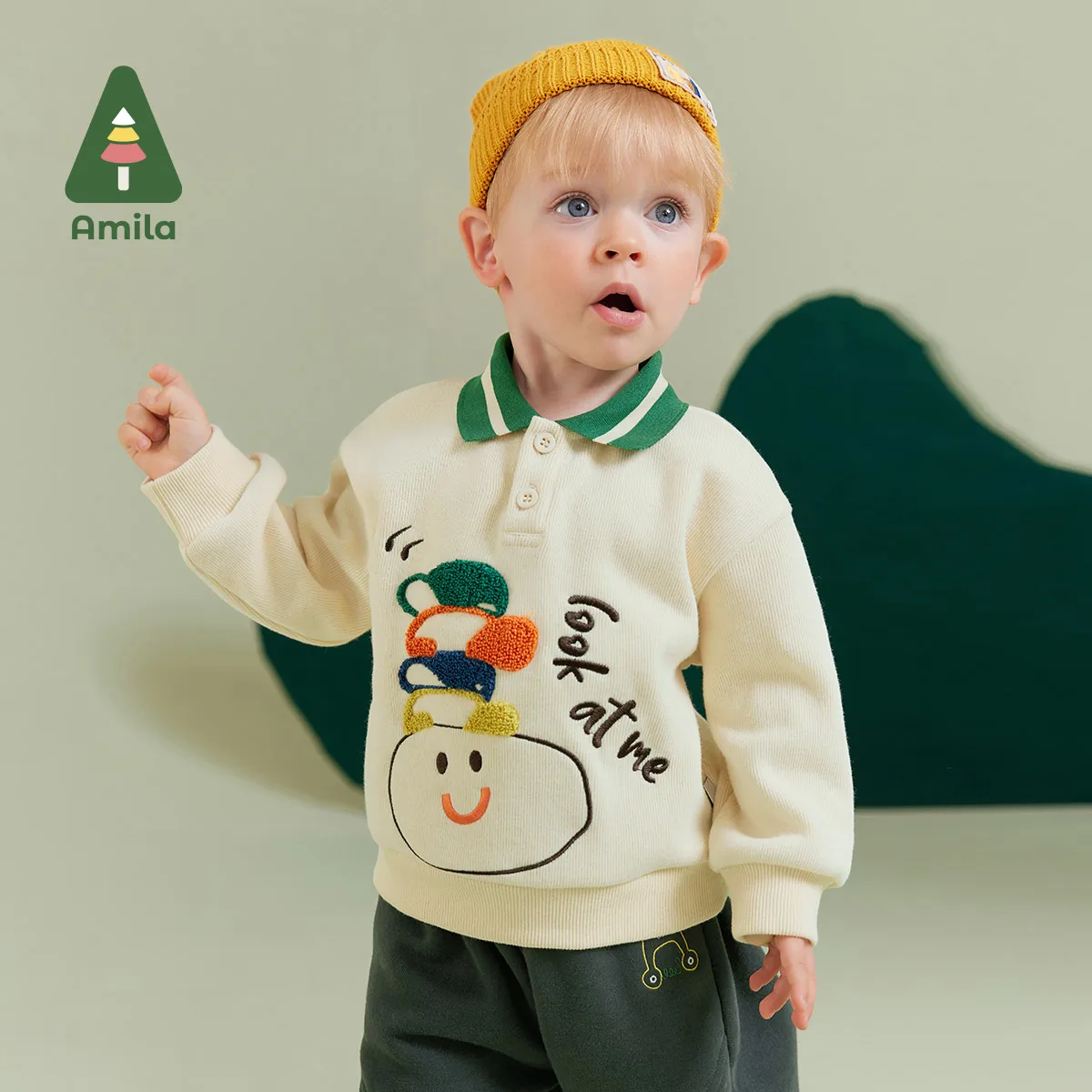 Amila Baby Boy Hoodie Winter New Multicolour Polo Collar Soft Cartoon Pattern Towel Embroidery Baby Clothing