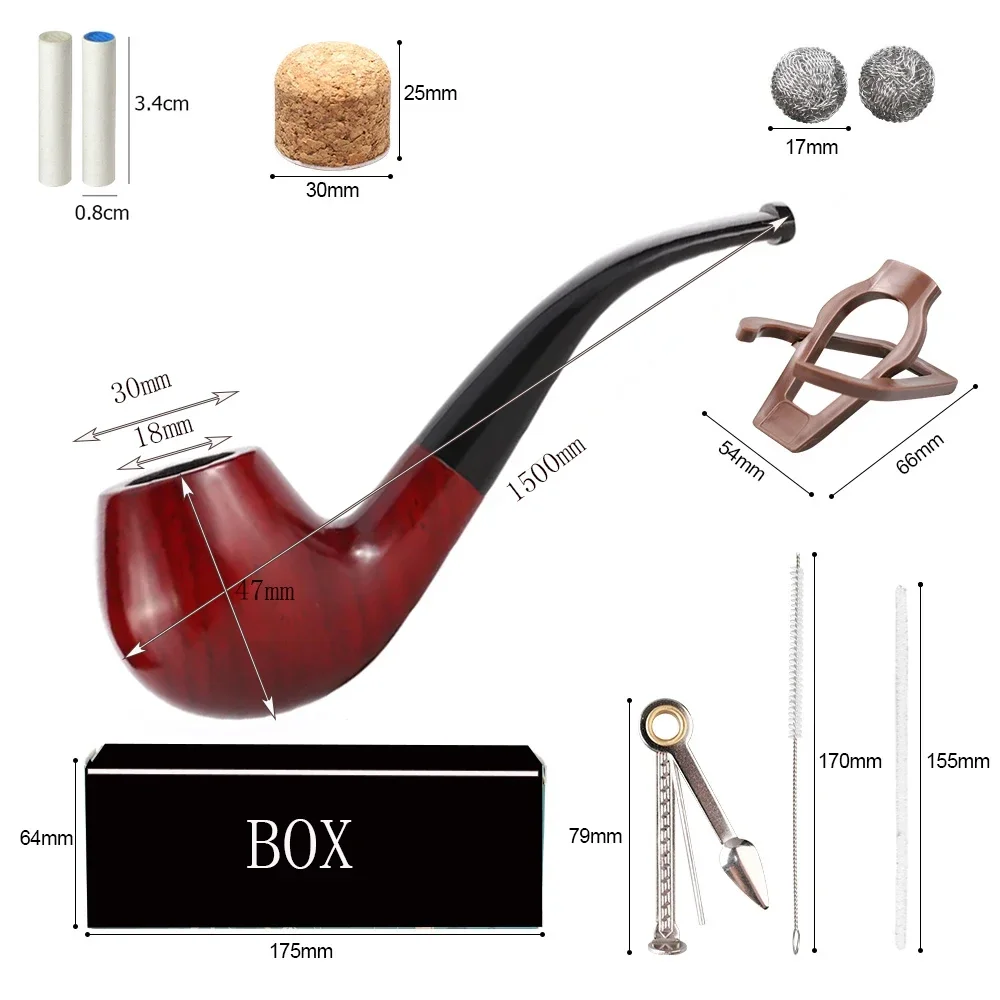 

Handmade tobacco pipe SherlockHolmes pipe 9mm pipe channel curved handle sandalwood pipe solid wood pipe gift box with clean set