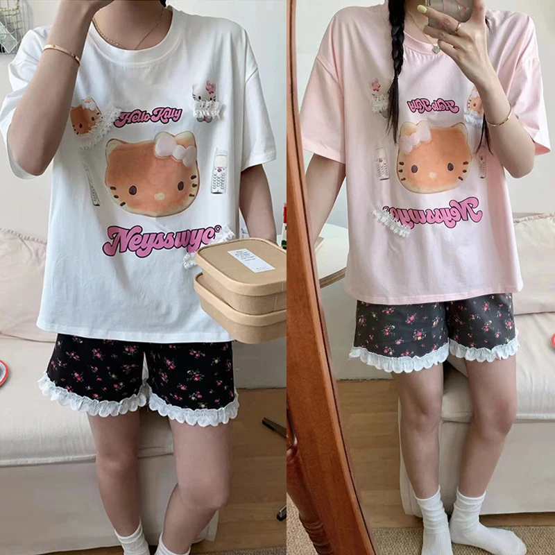 

Sanrios Hellokittys Pajamas Anime Figure Girls Series Kawaii Printing Round Neck Comfortable Cotton Short Sleeves Lace Shorts