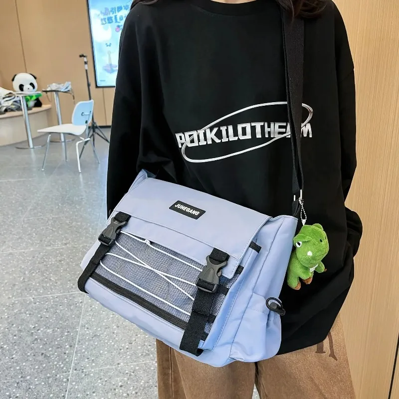Harajuku Teenagers Nylon Crossbody Bag with Meshes Pouch, School Campus Student Shoulder Bag, Stylish Multi Pocket Messenger Bag