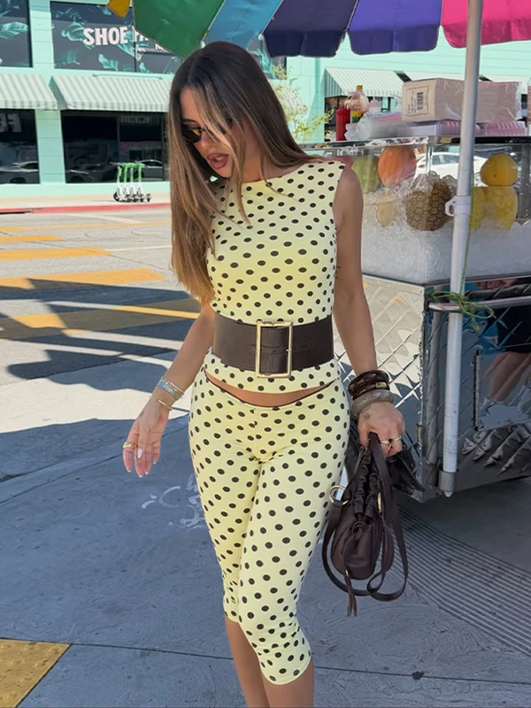 Women Polka Dot Halter Neck Corset Sleeveless Top Capri Pants Set Two Piece Bodycon Street Casual Slimming Spring Suit Ladies