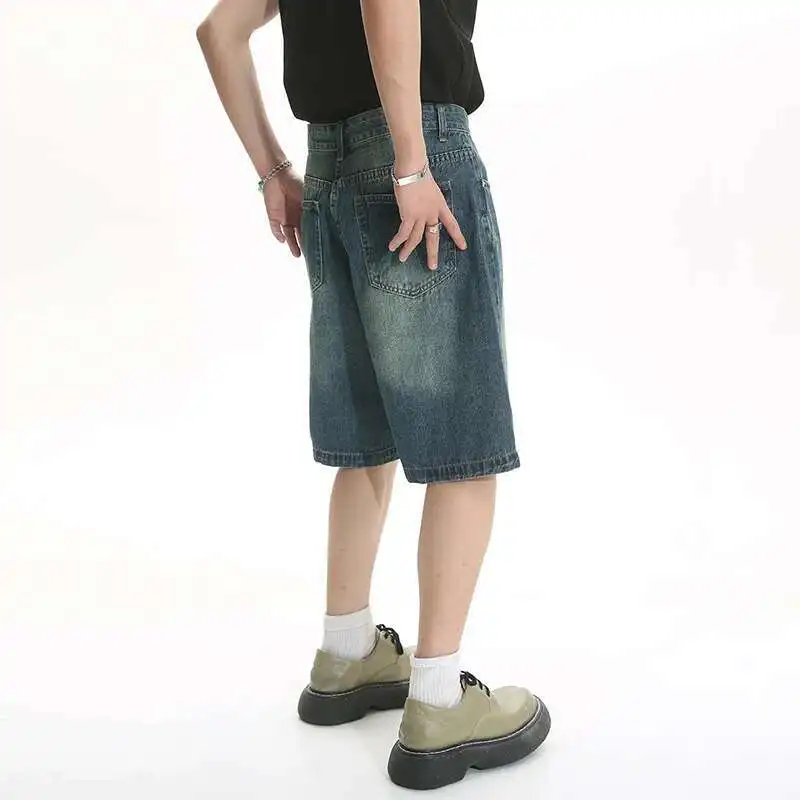LUZHEN Summer Men Casual Shorts Loose Jeans High Mid Waist Fashion Knee Lenght Denim Short Pants Vintage Washed Male New LZ9723