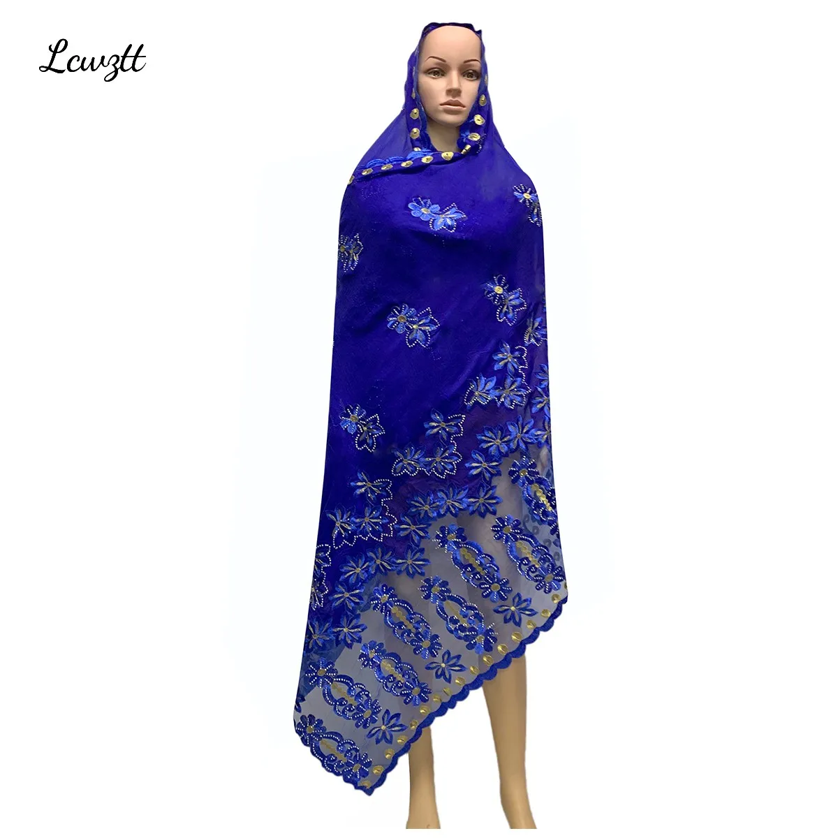 2023 Hot Sale Fashion Muslim  African Women Dubai Scarf Big Size Embroidery Cotton splicing with Net Women Hijab Scarf  Sc-80
