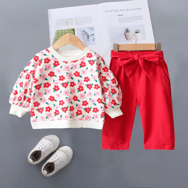 newborn baby clothing gift set Baby Girl Clothes Spring And Autumn Cotton Suit 0-4 Years Old Girl Plaid Letter Printed Sweater Baby Girl Clothes Two-Piece Suit baby clothing set red	