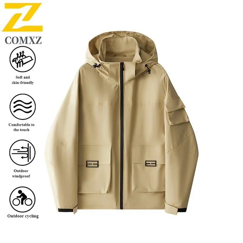 Men's Spring Autumn Workwear Jacket Windproof Waterproof Hooded Parka with Multi-Pockets Breathable Membrane for Outdoor Travel