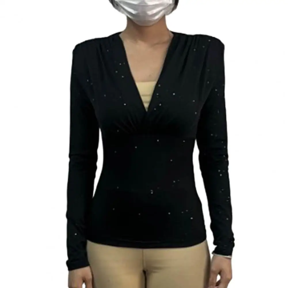 

Women Slim Fit Top Women Commute Top Elegant V Neck Pleated Shoulder Long Sleeve Slim Fit Women's Spring Top with Elastic for Ol