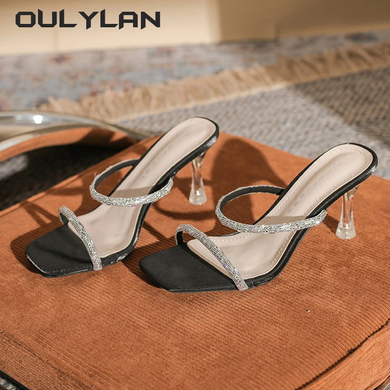 

Новинка, летние пикантные Модные женские сандалии Oulylan с открытым носком, блестящие женские туфли на высоком каблуке с квадратными глазами