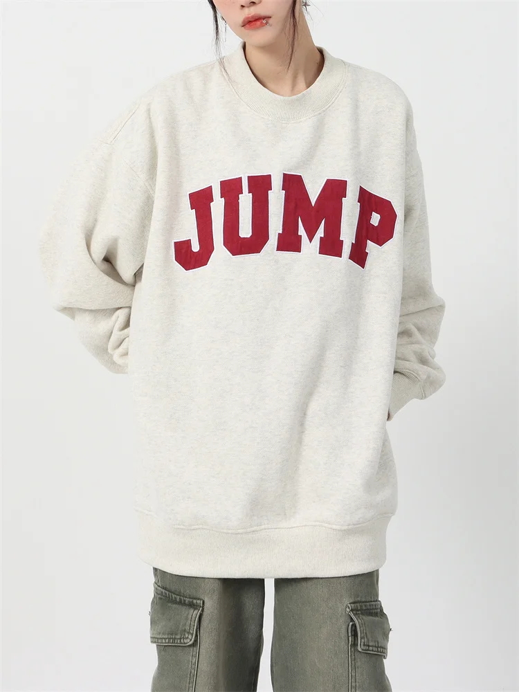 

QWEEK Y2K Vintage Gray Hoodie Women American Retro Pullover Sweatshirts Oversized Letter Print Preppy Style Long Sleeve T-shirt