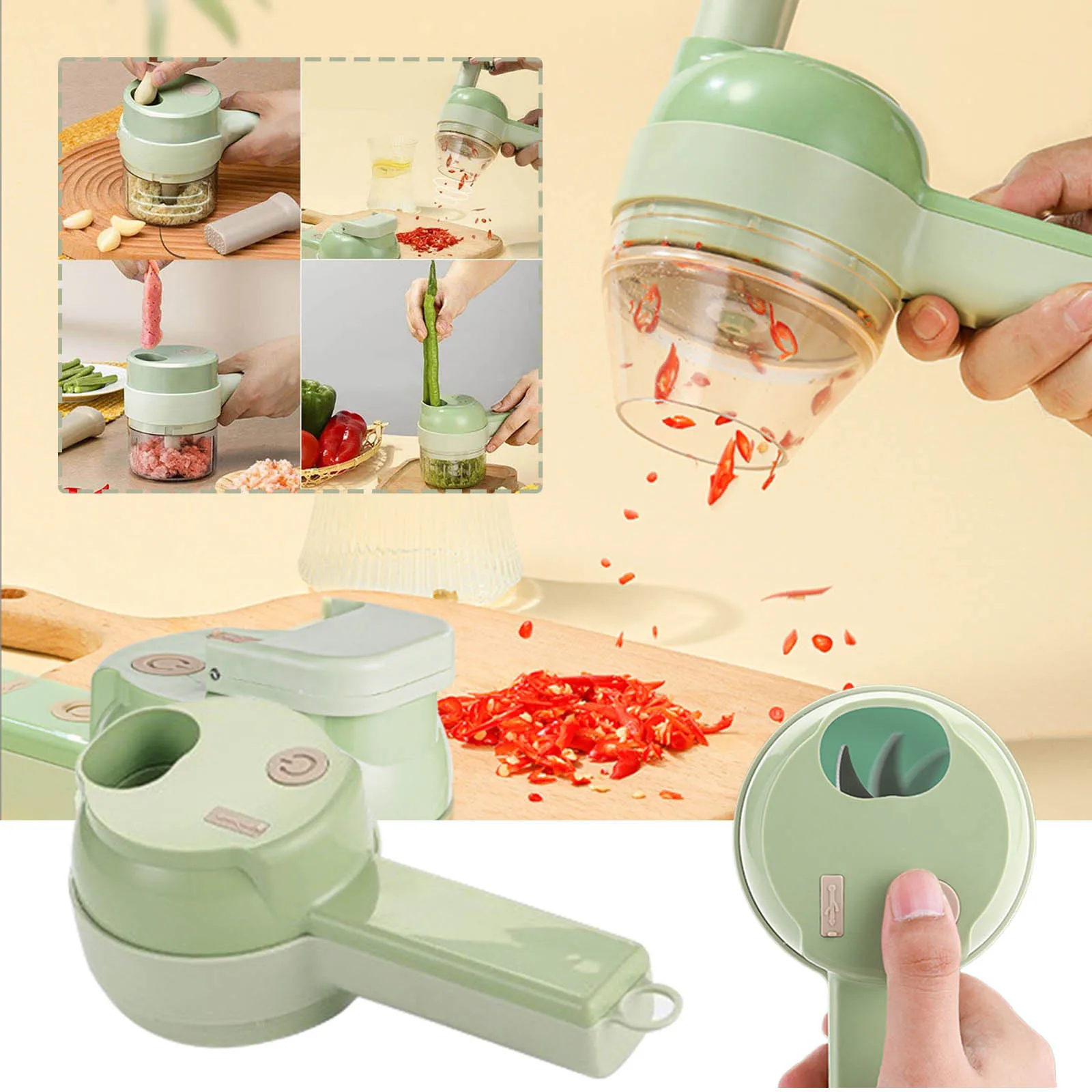 Electric Vegetable Cutter Kitchen Set 4 In 1 Portable, Rechargeable, Wireless  Food Processor For Pepper, Garlic, , Meat - AliExpress