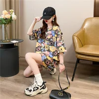 Loose Casual ort Sve T-irt Women's Sle Korean Version Spring Faion Polyester Fiber round Ne Mid-Length Top