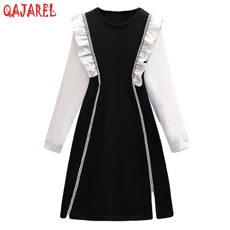 

Autumn Winter Black Knitted Cotton Patchwork White Chiffon Ruffled Long Sleeve Midi Dress 2024 Women Korean Vintage Party Dress
