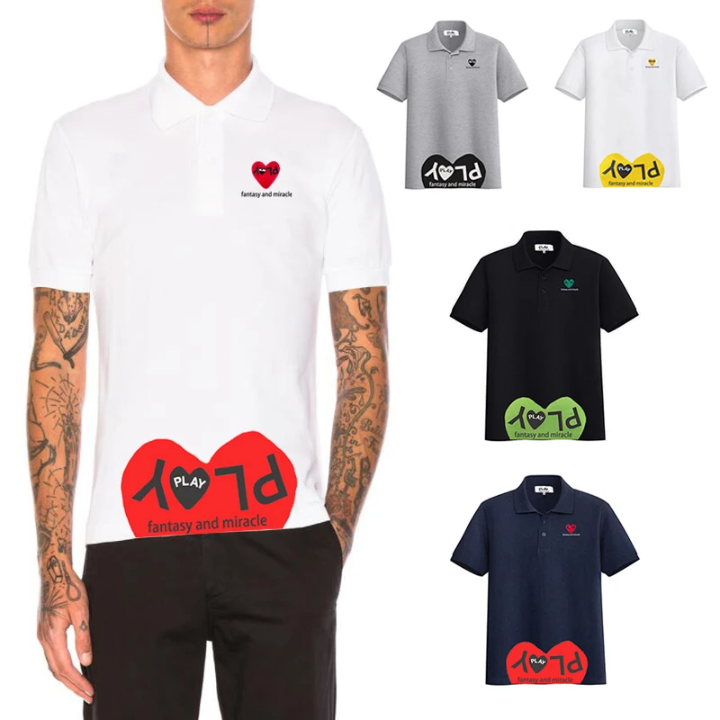 

Men Women Summer POLO Shirt Heart Embroidered Letter Printing Short Sleeve Three-Button Lapel Cotton Unisex Loose POLO Shirt