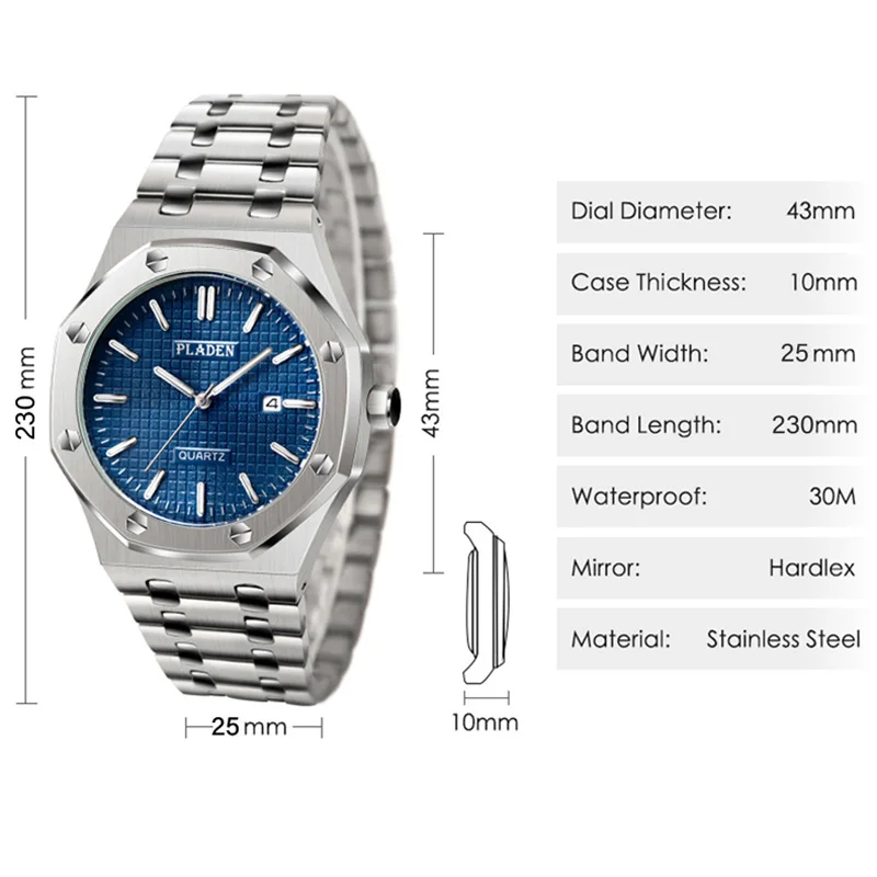 PLADEN Luxury Watch For Men Top Brand Business Stainess Steel Quartz Watches Fashion Classic Waterproof Male