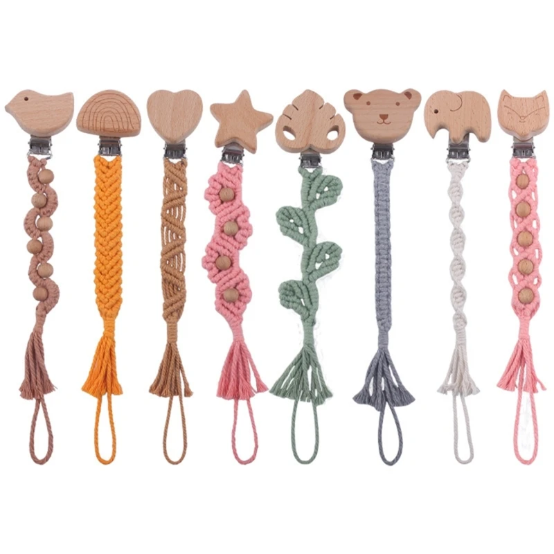 

Pacifier Clips Chain for Baby Wooden Holder for Infant Boys Girls Teether