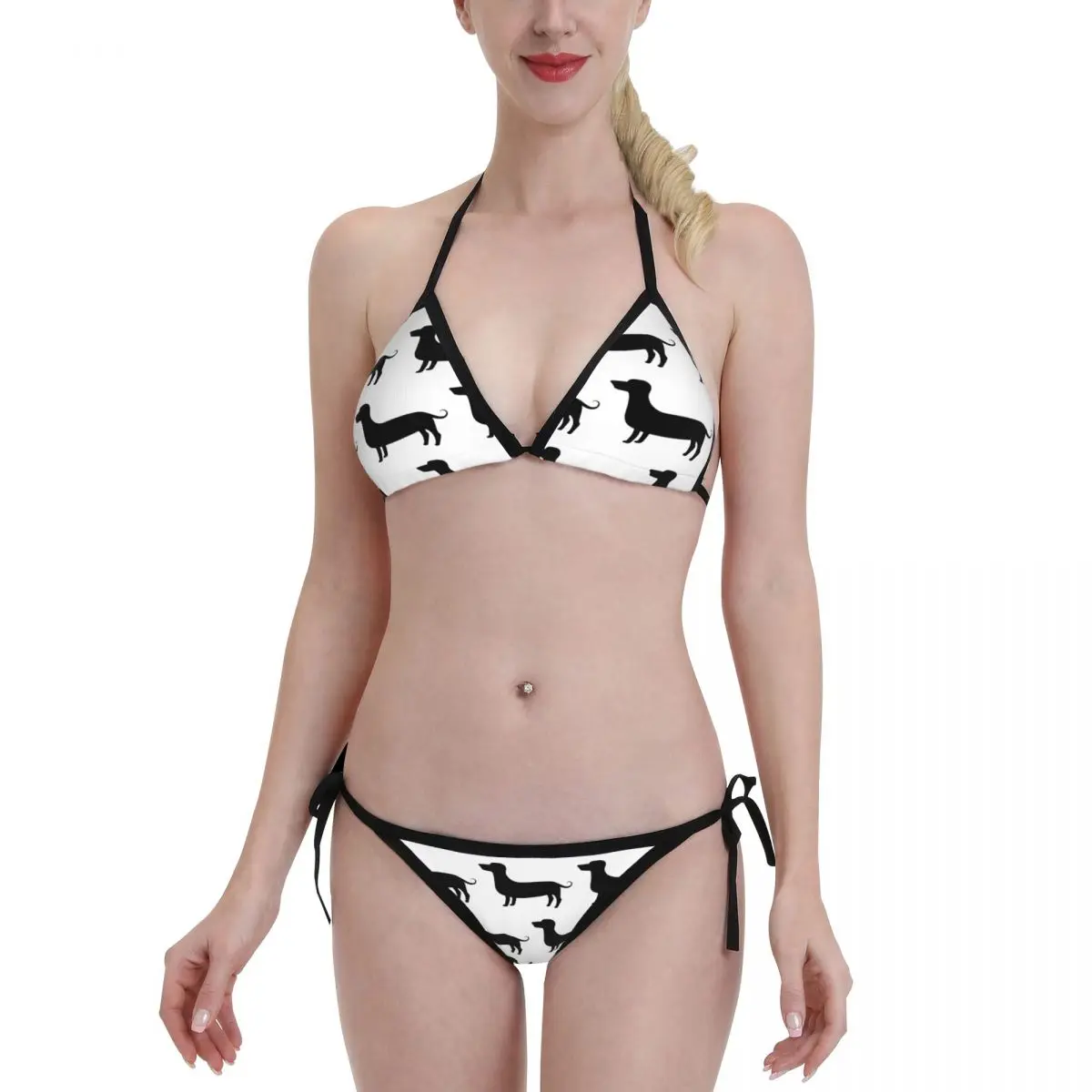 

2022 New Women Sexy Bodysuit Bikini Sets Swimsuit Dachshund Pattern Dog Lover Beachwear Set Push Up Bathing Suit