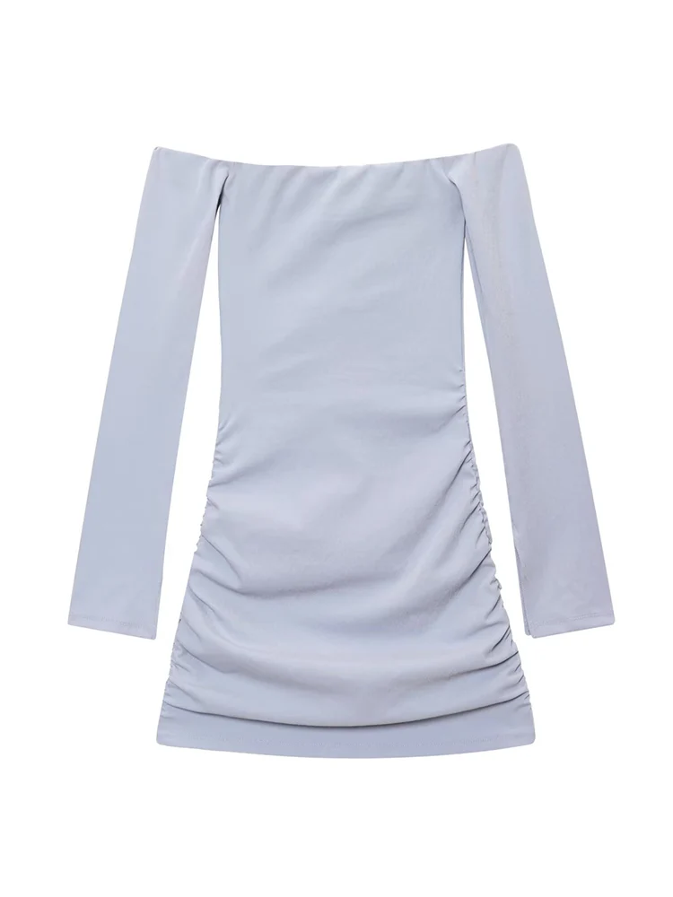 TFMLN Fashion Slash Neck Mini Dress For Women Elegant Long Sleeve Slim Ruffles Dress New Slim Simple Sweet Summer Clothing