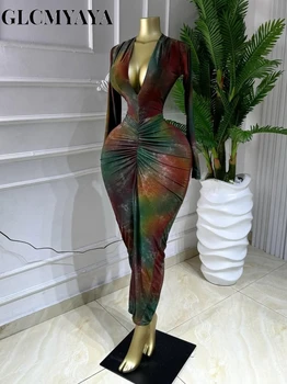 GLCMYAYA Women Printed Deep V-neck Stacked Ruched Bodycon Midi Maxi Dress 2026 Birthday Holiday Party Trendy Dresses Vestidos 1