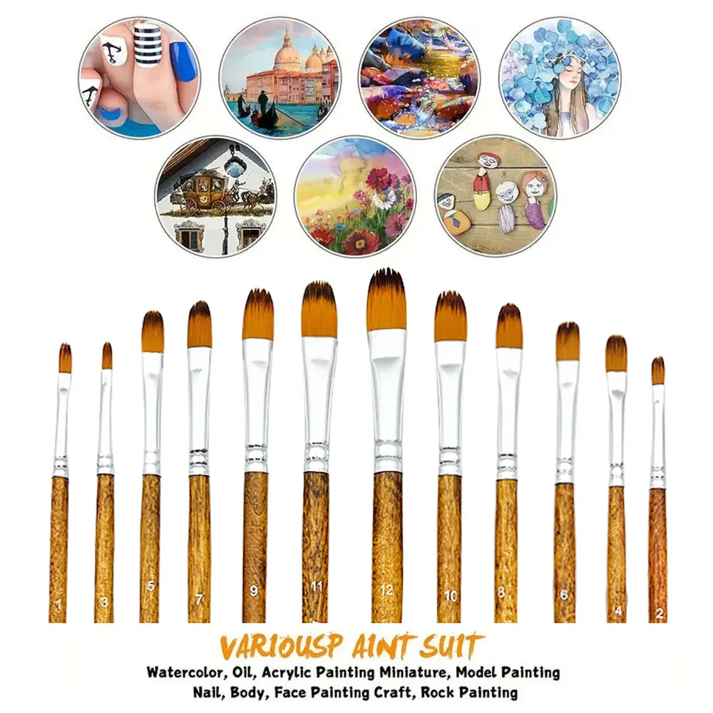 Artist Filbert Paint Brushes Set 12pcs, Soft Anti-Shedding Nylon Hair Wood Handle for Acrylic Oil Watercolor Gouache Paint 3