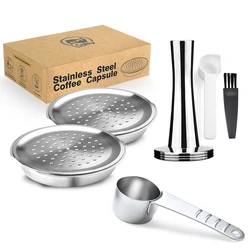 Reusable Stainless Steel Coffee Capsule and Filter with Spoon for Espresso Crema Makers (2Capsules 1Tamper 1S)