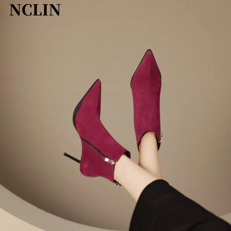 

2024 Spring/Autumn Women Boots Pointed Toe Ankle Boots for Women Winter Kid Suede High Heel Modern Boots Zapatos De Mujer