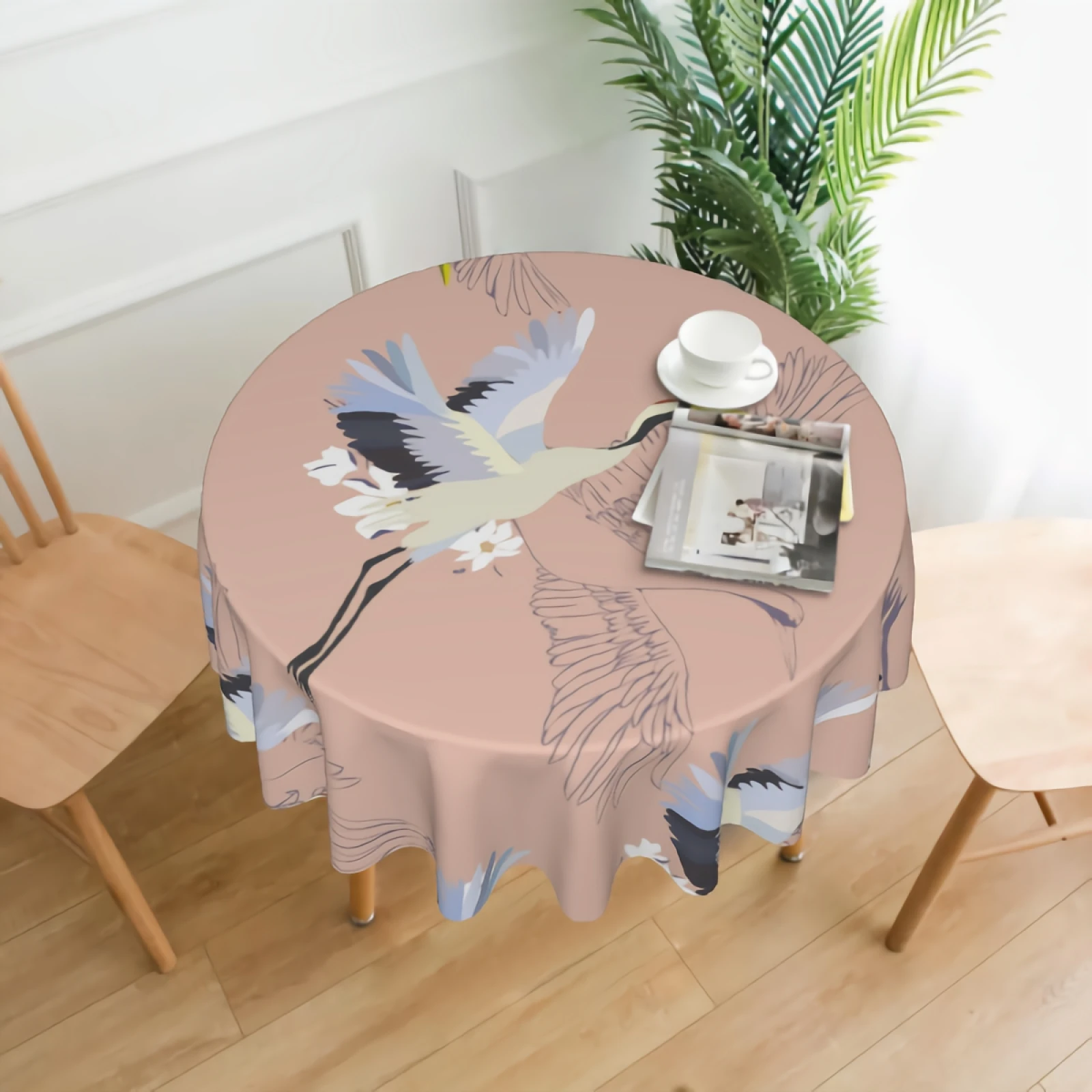 

Flying Crane Birds Round Tablecloth Waterproof Watercolor Crane With Flowers Table Cloth Wrinkle Free Decorative Tablecloths
