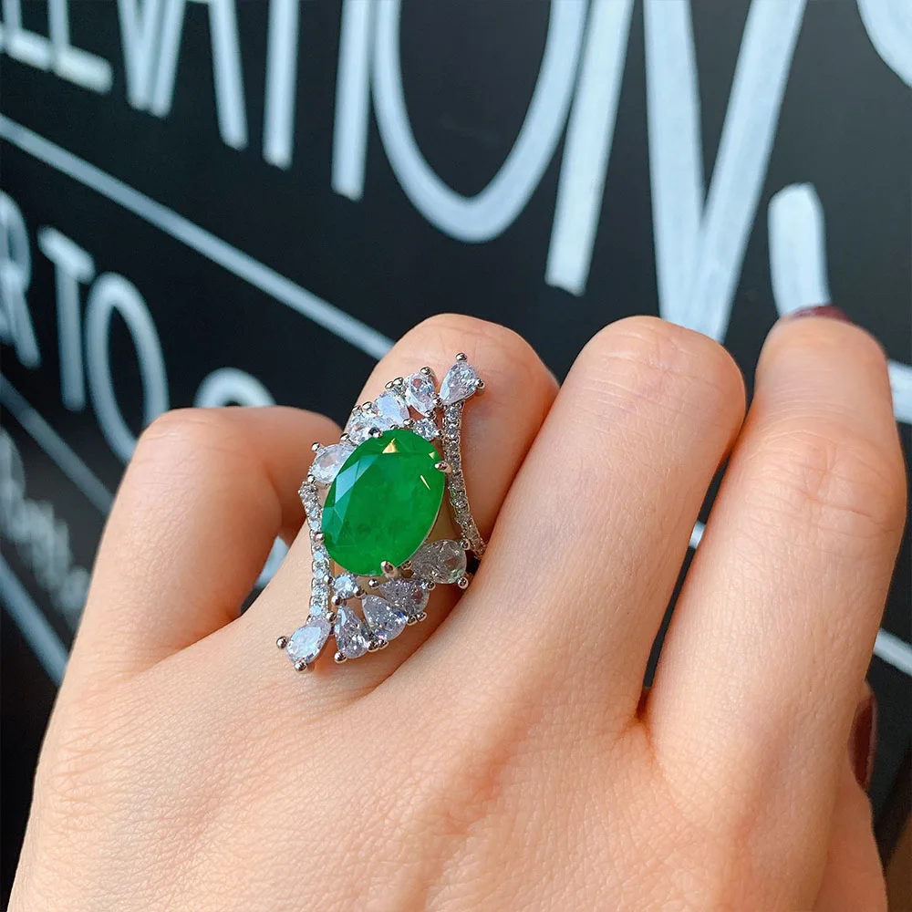 

HOYON New Sapphire Emerald Women's Ring Set with Zircon Deluxe Banquet Party Jewelry Engagement S925 Silver Color Diamond Finger