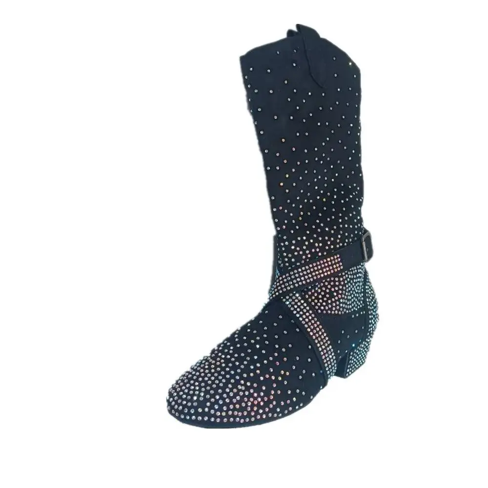 Practice OEM Latin Dance Boots Black Rhinestone Soft Latin Salsa Ballroom Party Dancing Shoes Black Sport Party Dance Boot Shoes 5