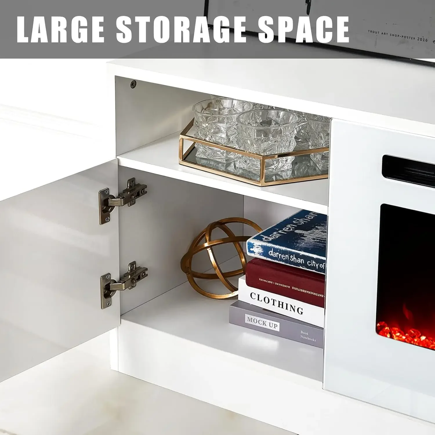 LED Light Entertainment Center w/36" Electric Fireplace, 70" Modern Wood Entertainment Stand w/ Highlight Storage Cabinet ,White 3