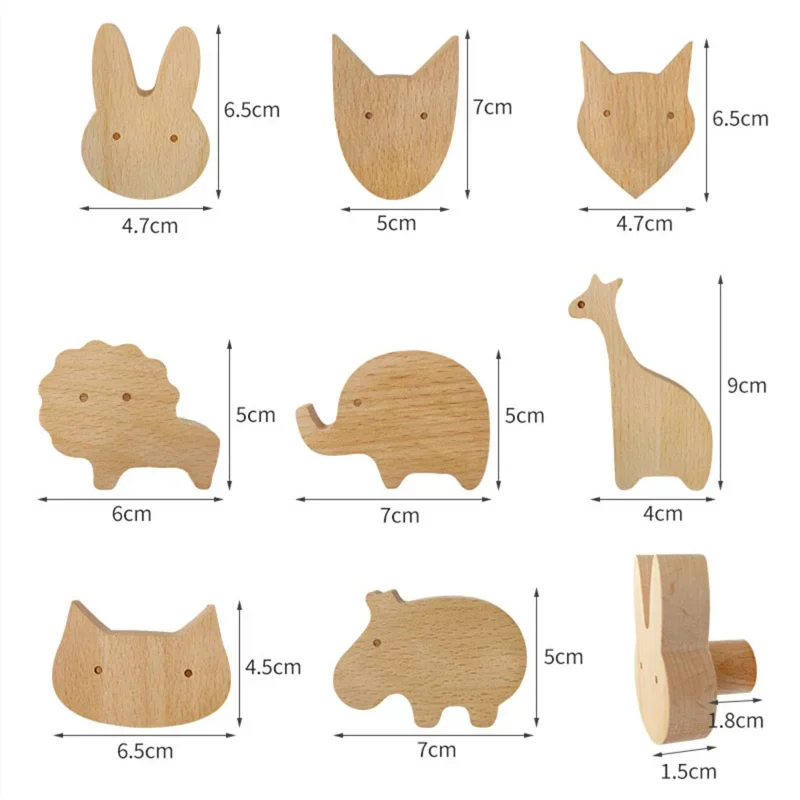 1pcs Wooden Hooks Cute Lion Elephant Giraffe Wall Keychain Coat Hook Room Decoration Solid Wood Hook Hanger Kitchen Accessories 6