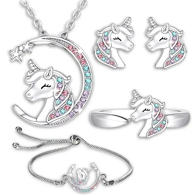 Jewelry Set Colorful Heart Unicorn Jewelry Set with Earrings Necklace and Rainbow Gemstones for Women and Kids