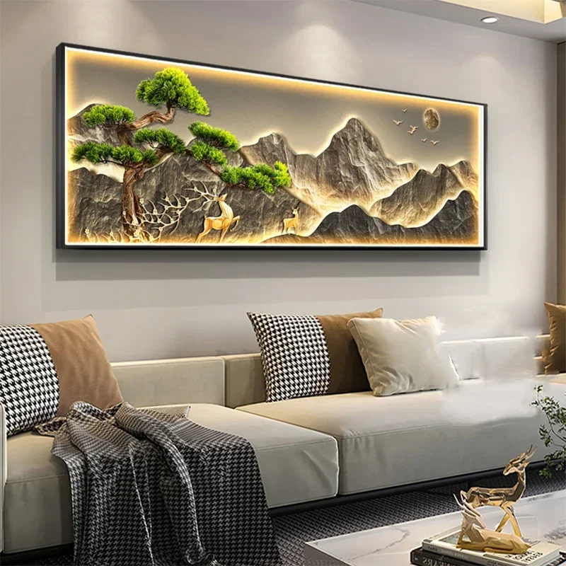 Chinese Modern Light Luxury Background Welcome Pine Waterfall Landscape Painting Poster Living Room Wall Art Decoration Painting