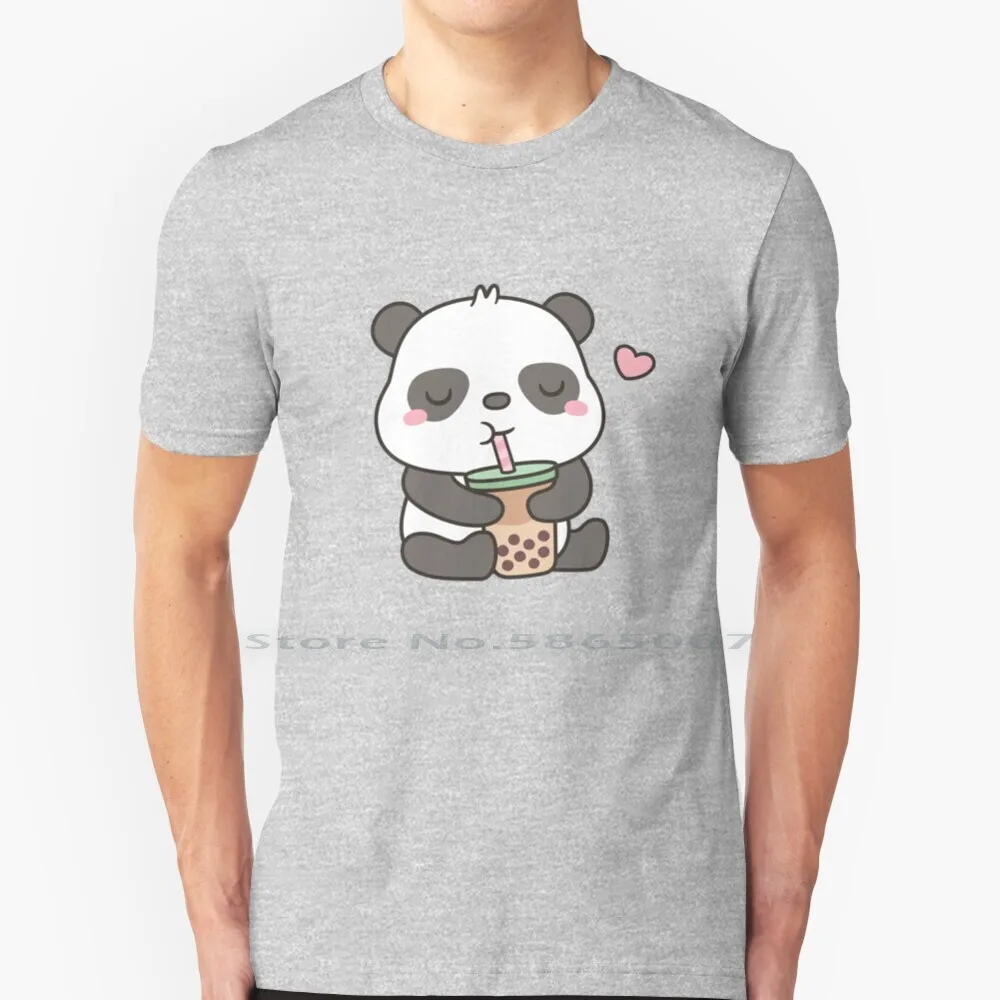 Cute Little Panda Ginging Boba Tea T Shirt 100% Cotton Bubble Tea Cute Panda Boba Tea Beverage Tapioca Pearls Ice Tea Boba