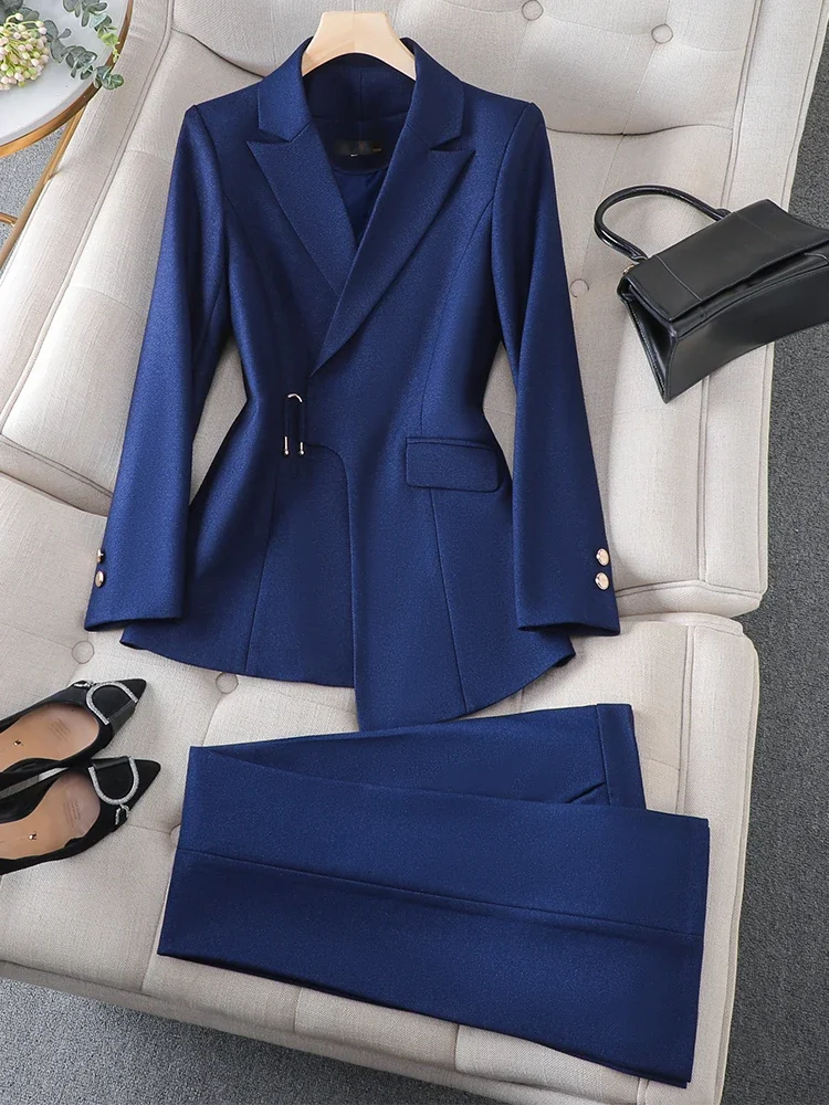 Женский брючный костюм из двух предметов, темно-синий деловой костюм из куртки и брюк, блейзер на осень и зиму женский костюм из двух предметов элегантный модный офисный пиджак и брюки на осень и зиму