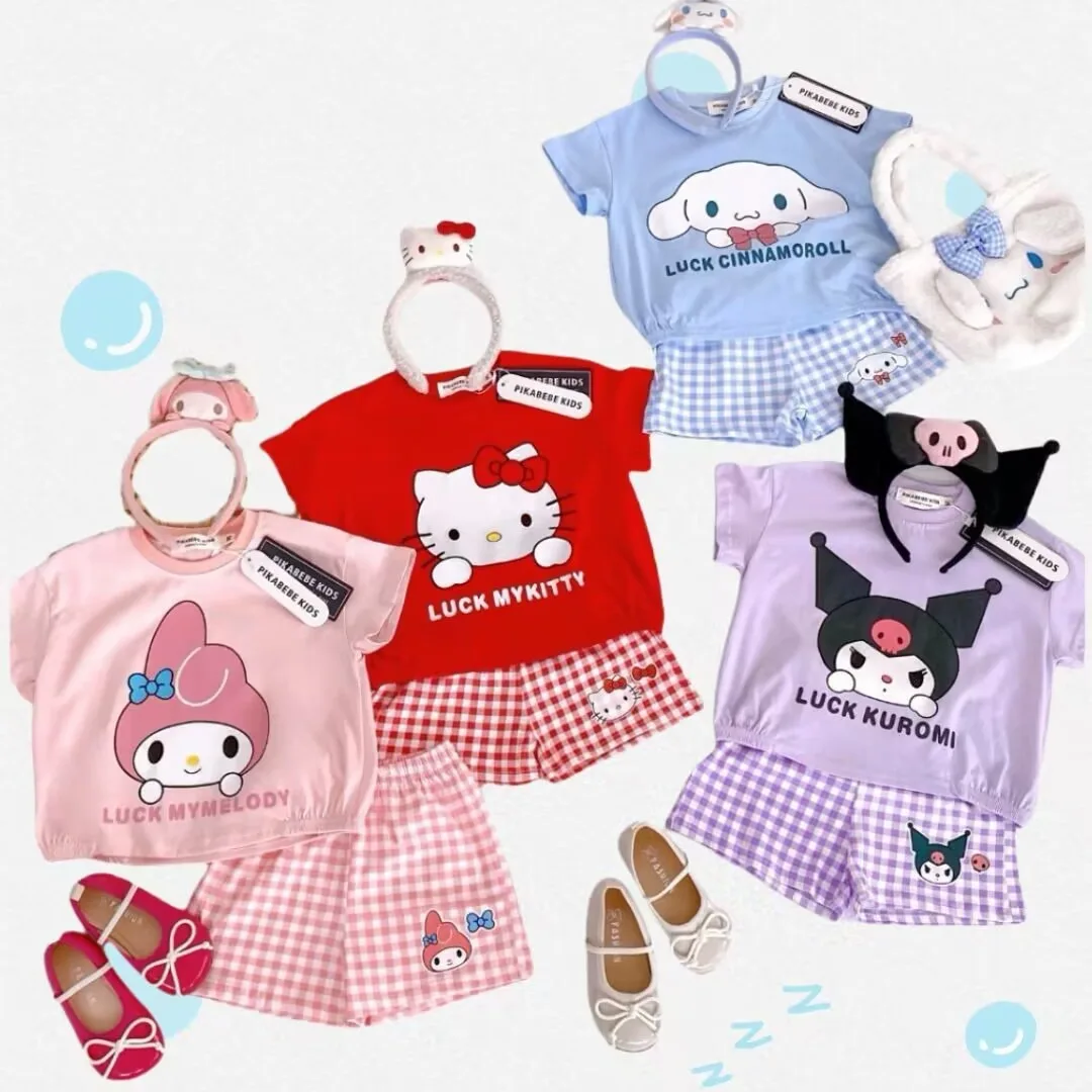 thumbnail image 1 of Conjuntos de ropa para bebés y niños pequeños con camisetas de manga corta y pantalones cortos con estampado de dibujos animados de verano para niños y niñas Kitty Kuromi, 1 of 4