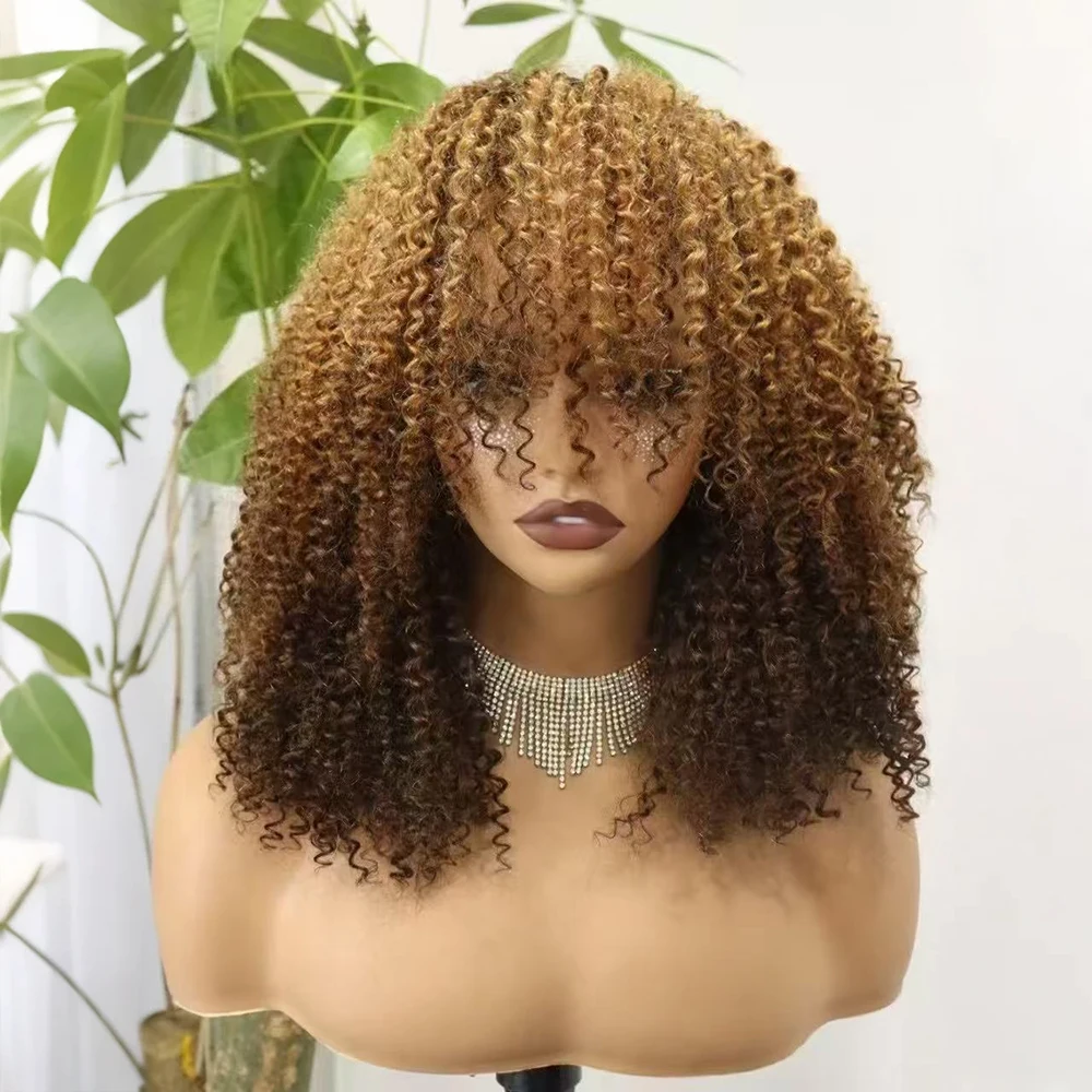 350% Density Bang Afro Kinky Curly Short Bob Cut Human Hair Wigs With Bangs Bob Wig Kinky Curly Full Machine Made Wigs For Women