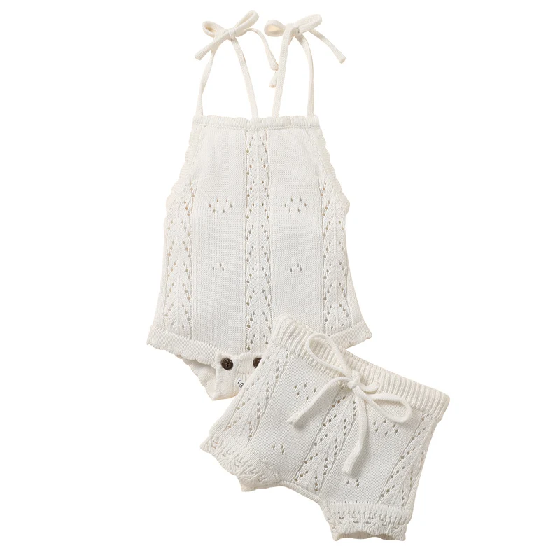 

Baby's Clothes Girl Boy Shorts Suits Solid Color Sling Knit Romper Drawstring Shorts Birthday Gifts Children's Clothing Set