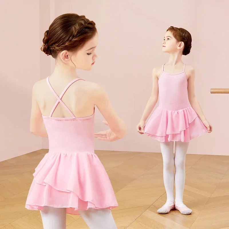 

Kids Girls Ballet Sleeveless Ballet Dance Dress Camisole Cross Strap Gymnastics Leotard Chiffon Skirted Costumes