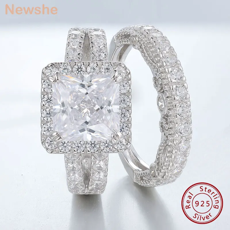 Newshe Vintage Wedding Rings for Women Solid 925 Sterling Silver 4Ct Princess Cut 5A Cubic Zircon 2Pcs Bridal Set Fine Jewelry