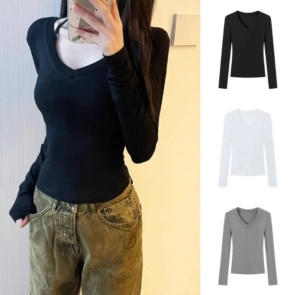 Sweet Y2K Long Sleeved T Shirt All Match Solid Color V Neck T-Shirt Undershirt Simple Basic Tees Tops Spring Autumn