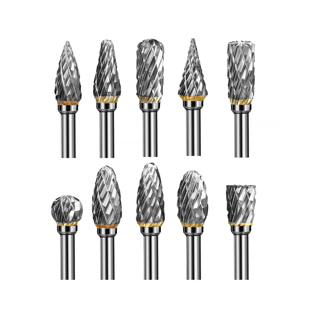 

Double Cut Carbide Rotarys Burr Set, 10 Pcs 1/8inch Shanks, 1/4inch Head Length Tungsten Steel for Woodworking,Drilling