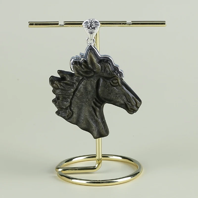 925 Silver Accessories Natural Stone Gold Obsidian Carved Horse Head Necklace Pendant Bead 47x40x9mm 24g