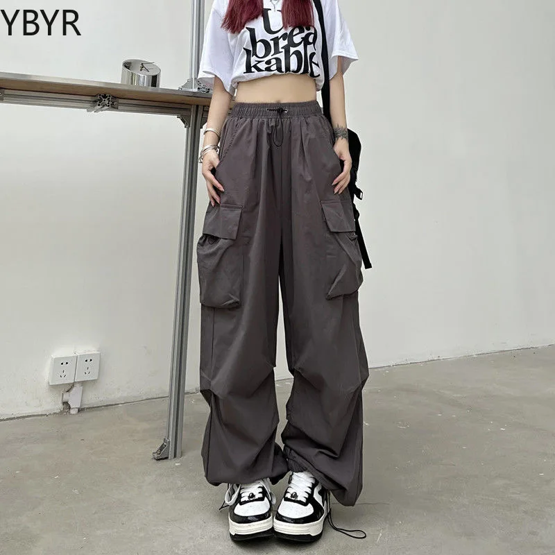 

Y2K Cargo Pants Straight Wide Leg Drawstring Trousers Women Oversize Jogger Kpop High Waisted Breathable Solid Color Sweatpants