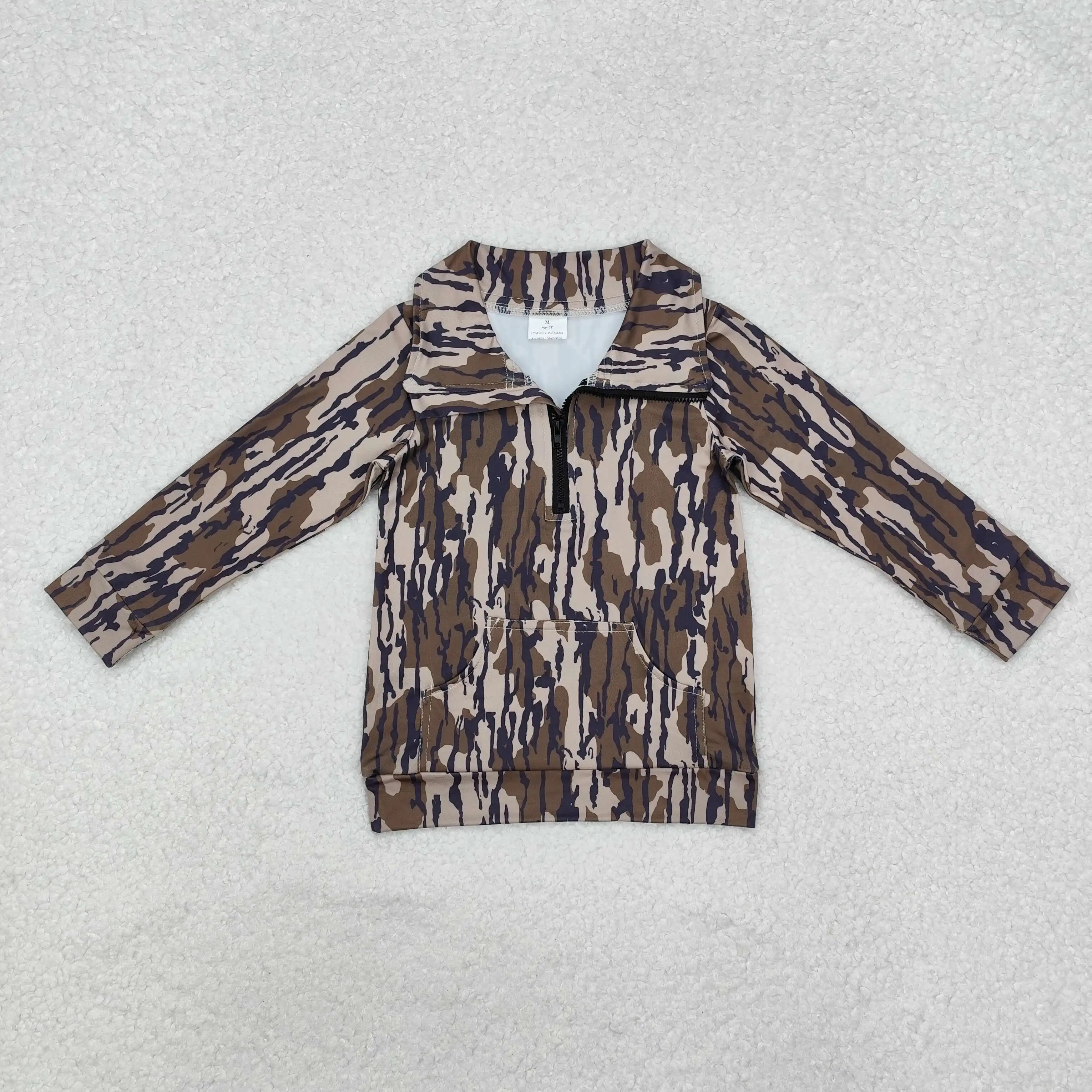BT1037 Summer baby boy clothes Pocket camouflage light brown zippered long sleeve top Boutique kids clothes boys