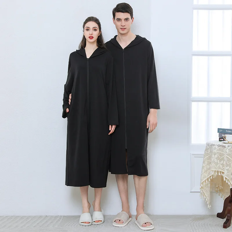 Zipper Bathrobe for Couples Summer Pajamas Hooded Nightgown Thin Sleepwear Women's Long Nightgown Summer Bathrobe