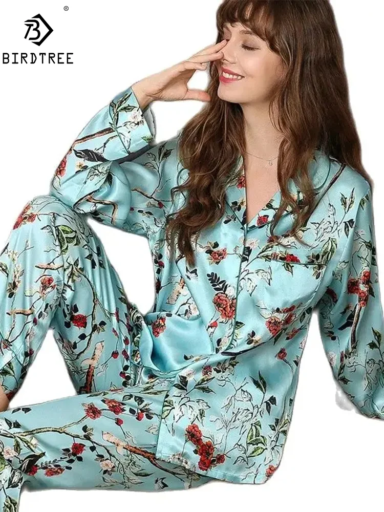 

Winsleter,Women Flower Printing,100%Real Silk Pajama Set,Casual Fashion Retro Sleeping Homewear,2024 Spring Summer S439100QM