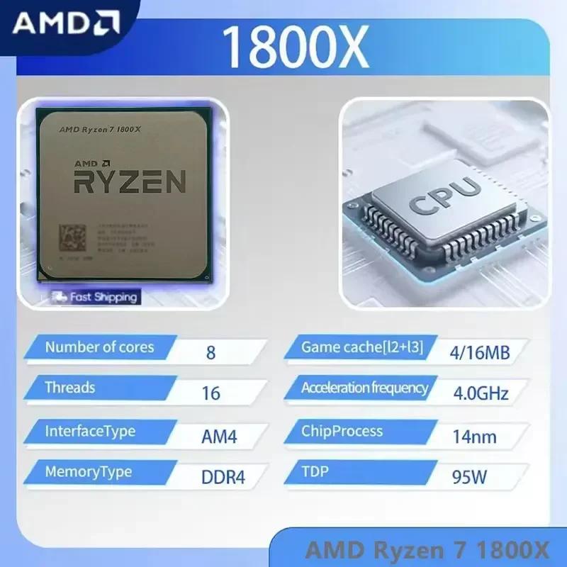 AMD Ryzen 7 1800X CPU R7 1800X 3.60GHz4.0GHz 95W 8코어 16스레드 AM4 TDP 95W CPU 프로세서 (패키지 없음)