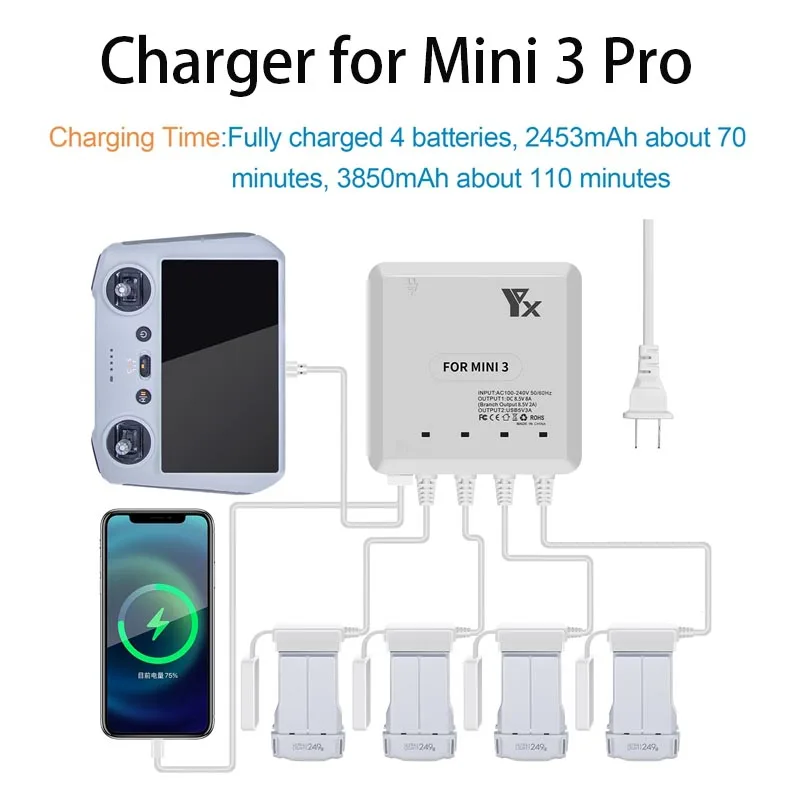 Per Dji Mini 3 Pro Multi Charger Charge 4 Batterie Porta Usb Telecomando Hub Di Ricarica Per Dji Mini 3 Pro Drone Accessori