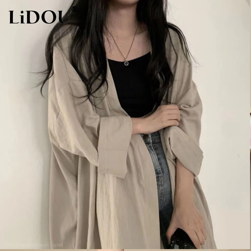 2023 Summer Pure Cotton Oversize Square Neck Long Sleeve Cardigan Tops Korean Style Midi Sunscreen Clothing Women Loose Coat