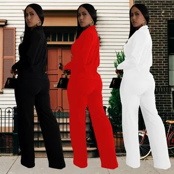 European and American fashion women's clothing long-sleeved jacket solid color trousers two-piece set new