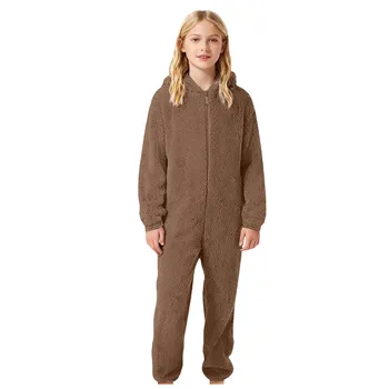 Winter Girls Fleece Jumpsuits Warm Fuzzy Solid Hooded Rompers Kids Zip Up Open Long Sleeve Fluffy Pajama Warm Winter Clothes 1
